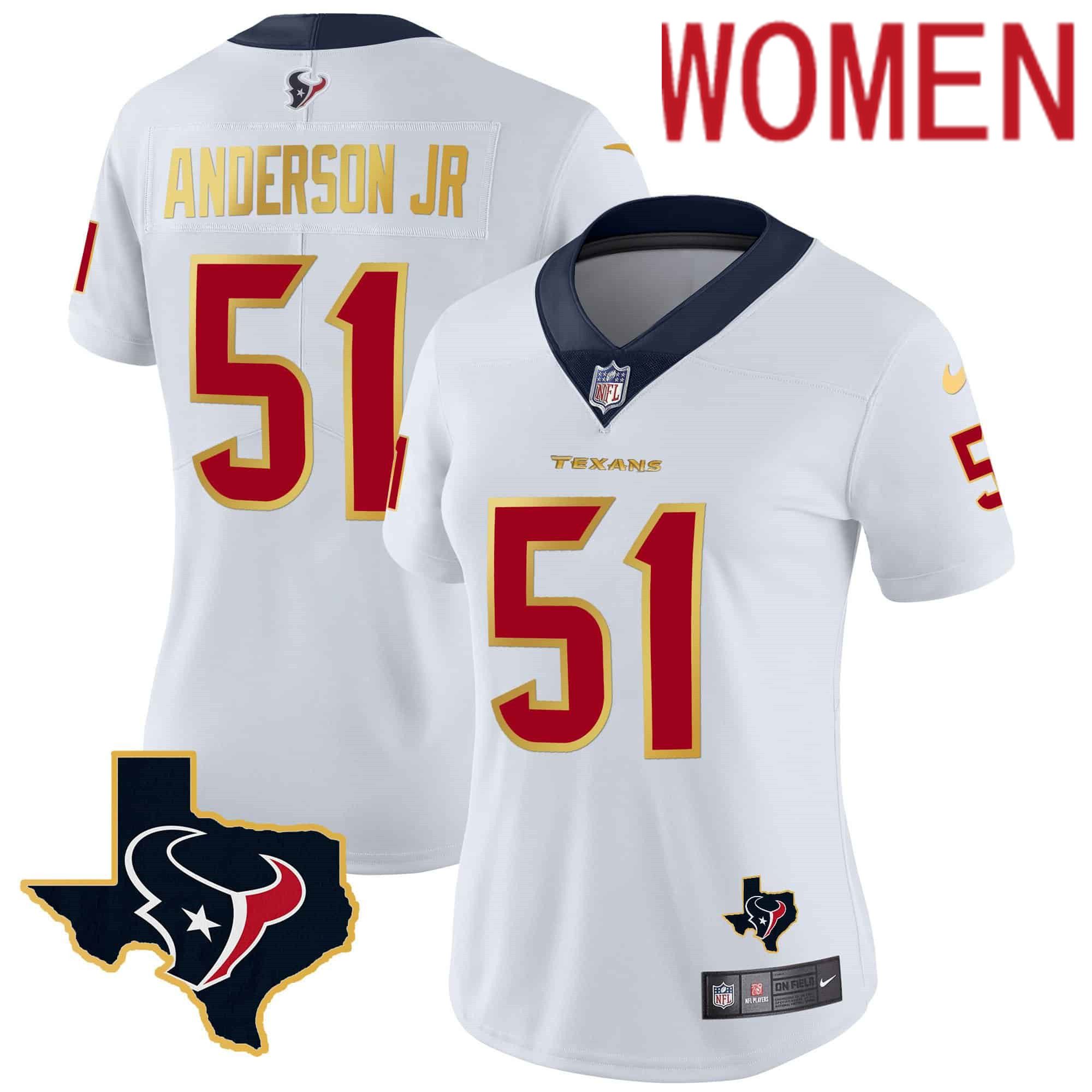 Women Houston Texans #51 Anderson jr White Gold 2024 Nike Trim Vapor NFL Jersey